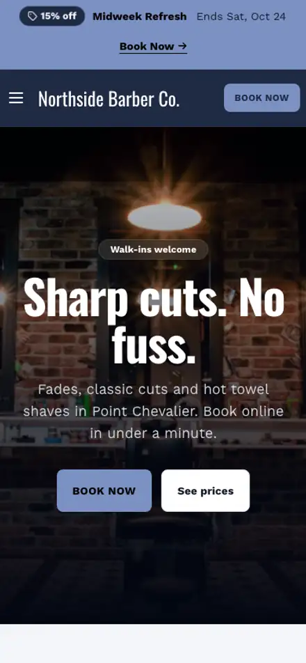 A demo barbershop's website, built with Gallop, on a phone
